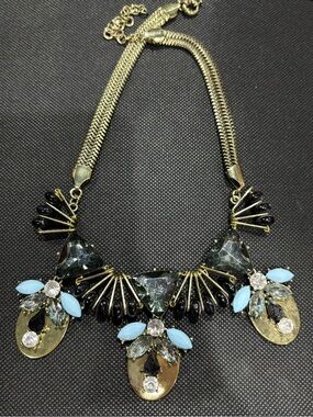 Statement Floral Bib Necklace - Gold with Black and Light Blue Stones
